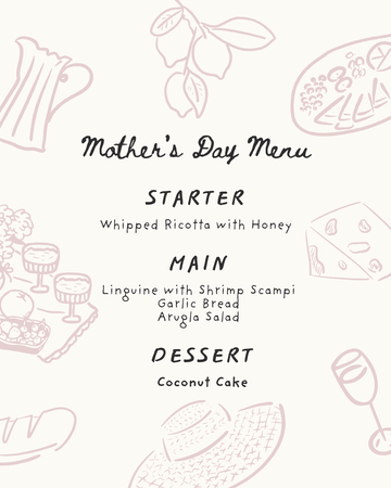 Mother's Day dinner menu illustration in soft pink. Starter, main, dessert.