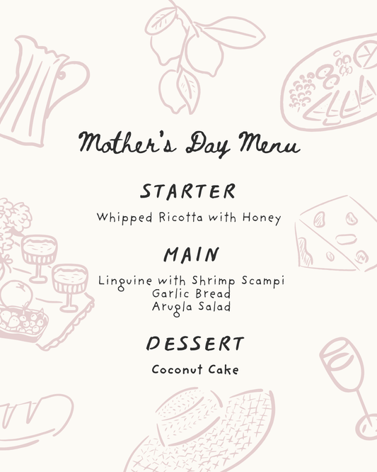Mother's Day dinner menu illustration in soft pink. Starter, main, dessert.